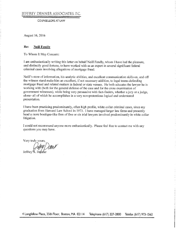 Neill Fendly Mortgage Defense Recommendation Letter